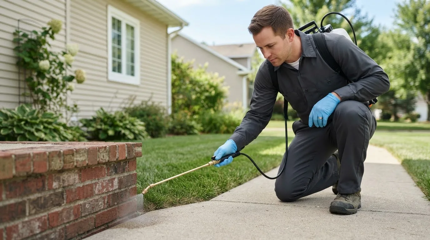 Pest control technician treating a home near Metz, MO